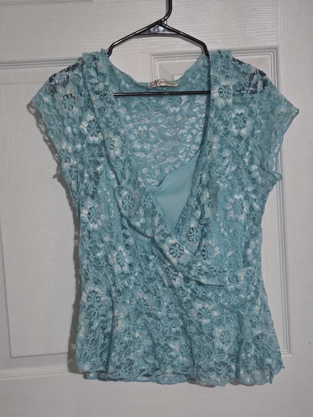 dressbarn Aqua Lace Surplice Short Sleeve Top